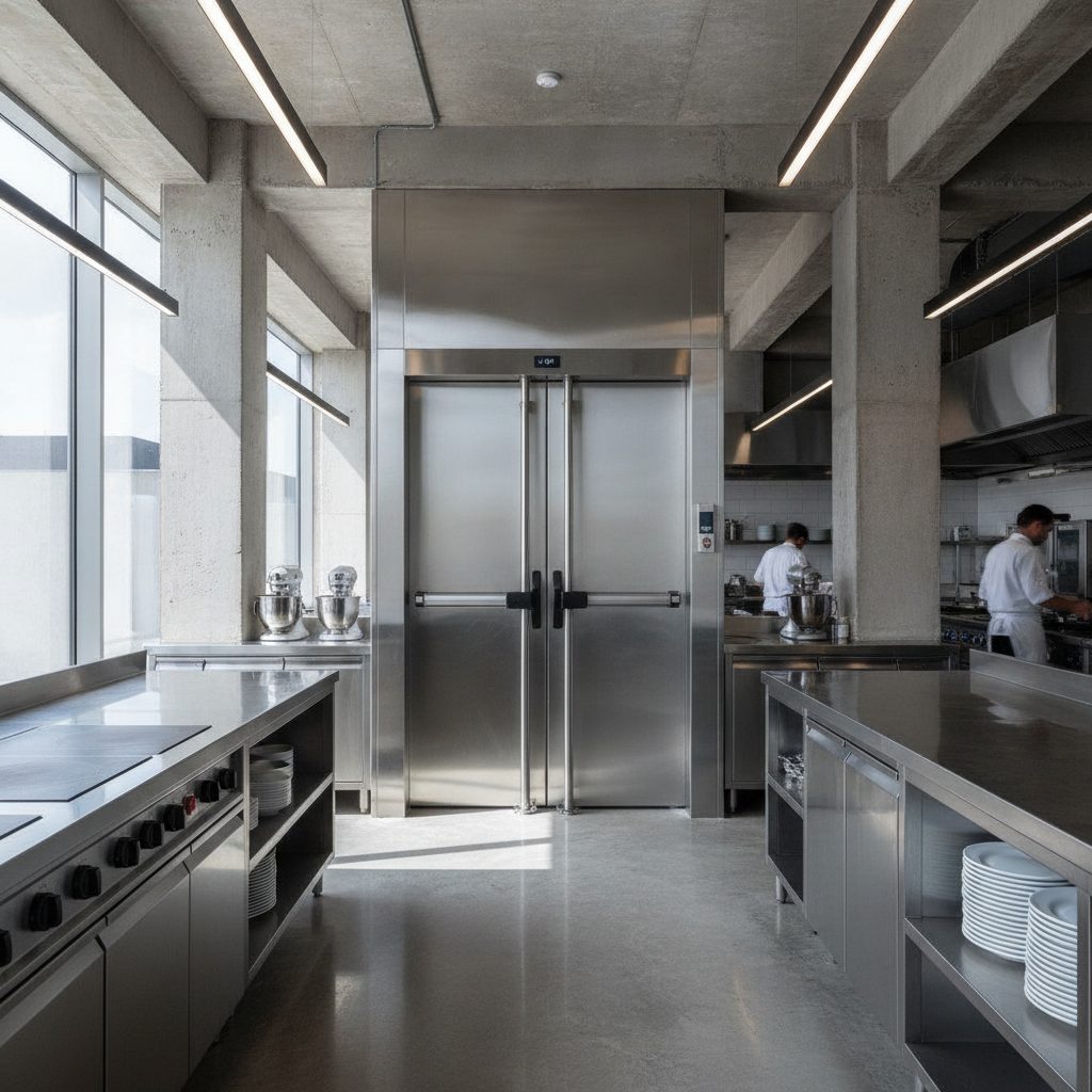 Monta-cargas em aço inox em cozinha profissional