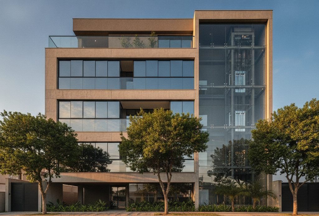 Edifício residencial moderno com torre de elevador envidraçada